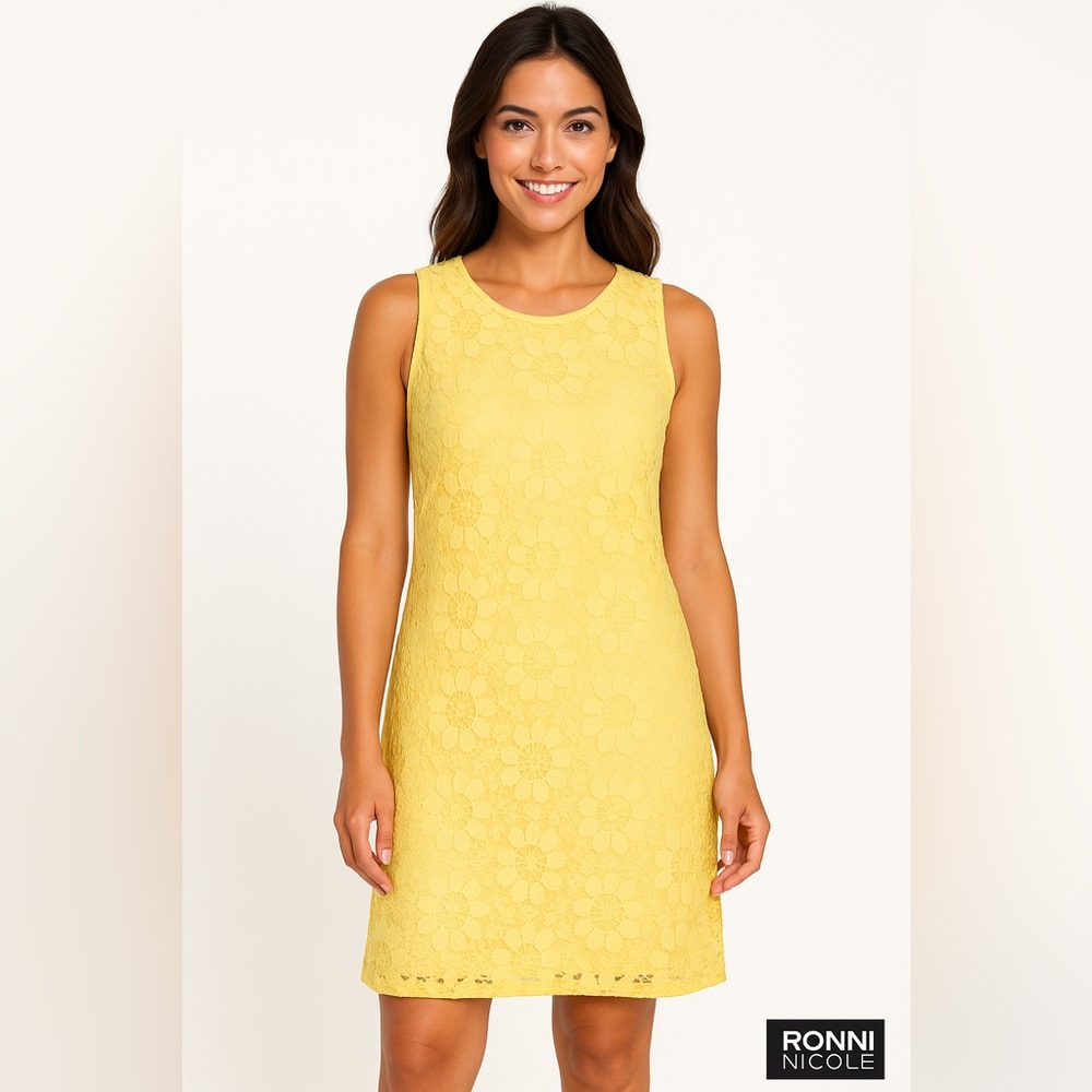 Ronni Nicole Lemon Yellow Lace Sleeveless Shift Dress L NWT Spring Summer